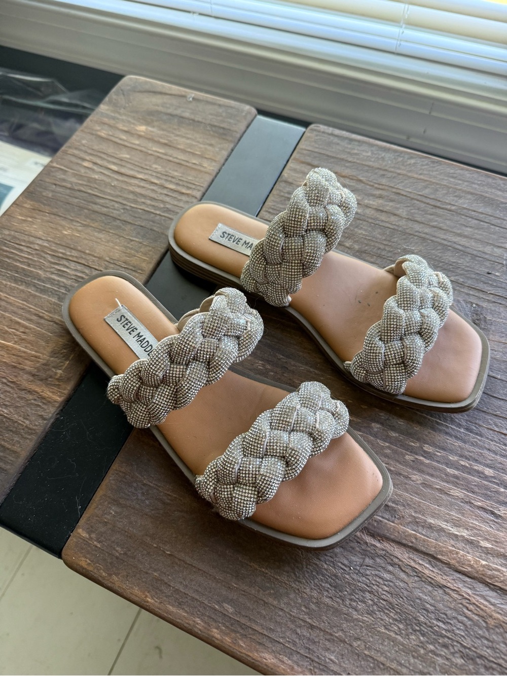 Rhinestone Steve Madden Braided Double-Strap Slide Sandals in Beige